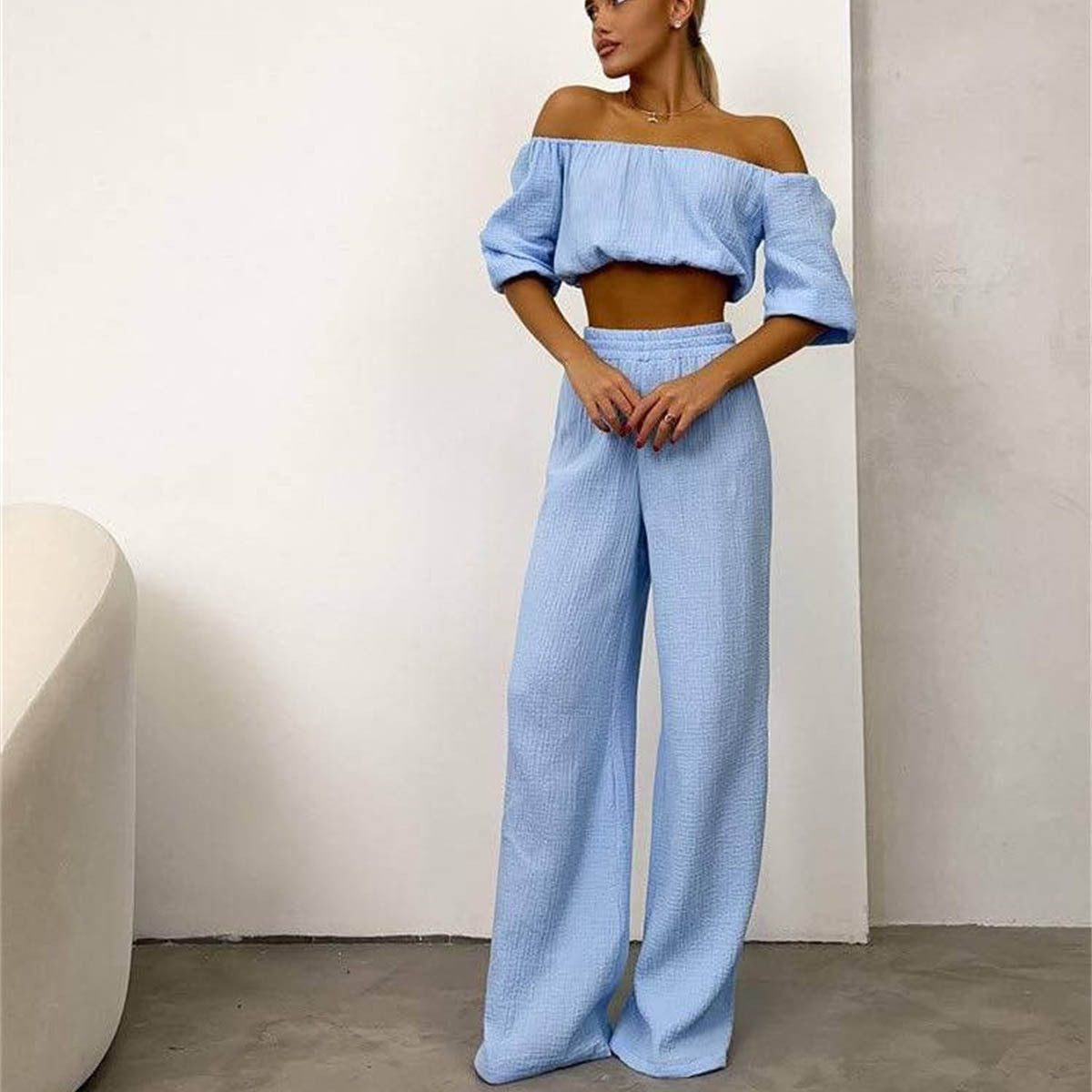 Casual Summer Suit for Women: Off-Shoulder Solid Color Top with Wide-Leg Pants in Pure Cotton