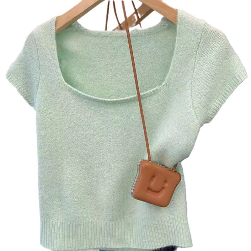 Solid Color Fashionable Pullover Sweater with Square Collar and Short Sleeves