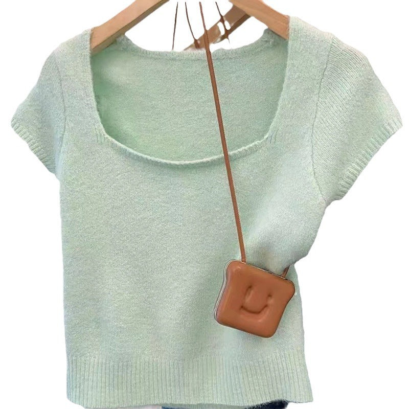 Solid Color Fashionable Pullover Sweater with Square Collar and Short Sleeves