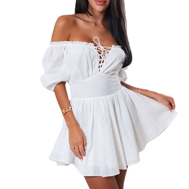 Off-Shoulder Corset Summer Dress | Short Sleeve, Tie-up A-line Style