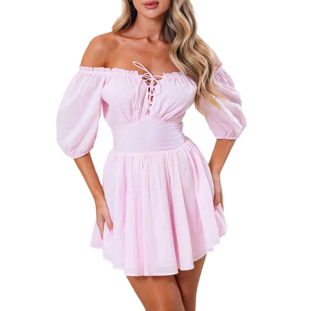 Off-Shoulder Corset Summer Dress | Short Sleeve, Tie-up A-line Style