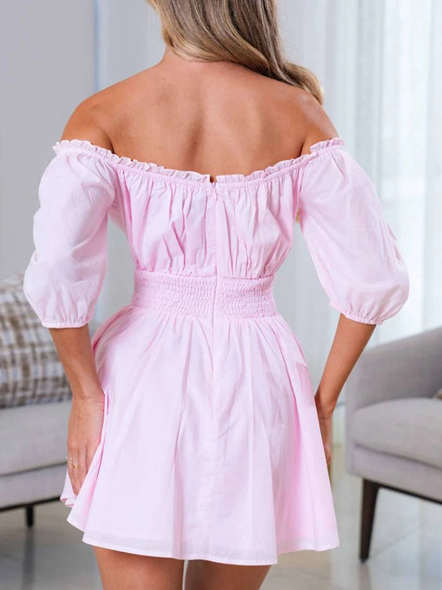 Off-Shoulder Corset Summer Dress | Short Sleeve, Tie-up A-line Style