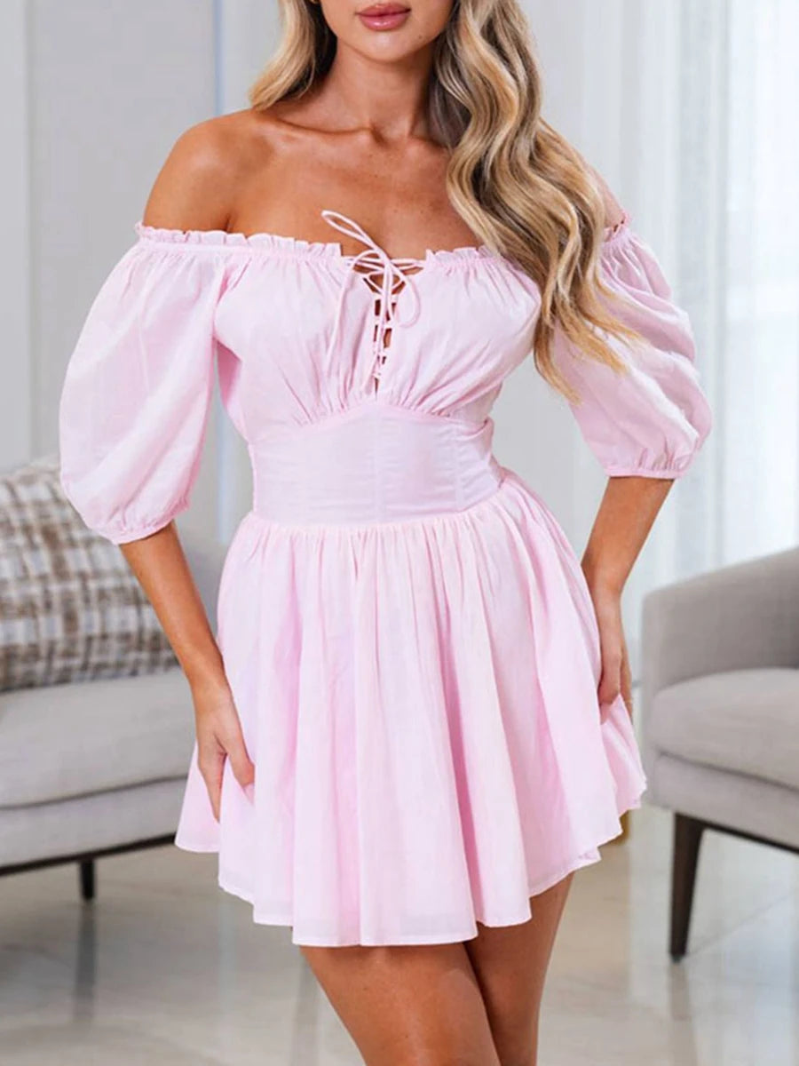 Off-Shoulder Corset Summer Dress | Short Sleeve, Tie-up A-line Style