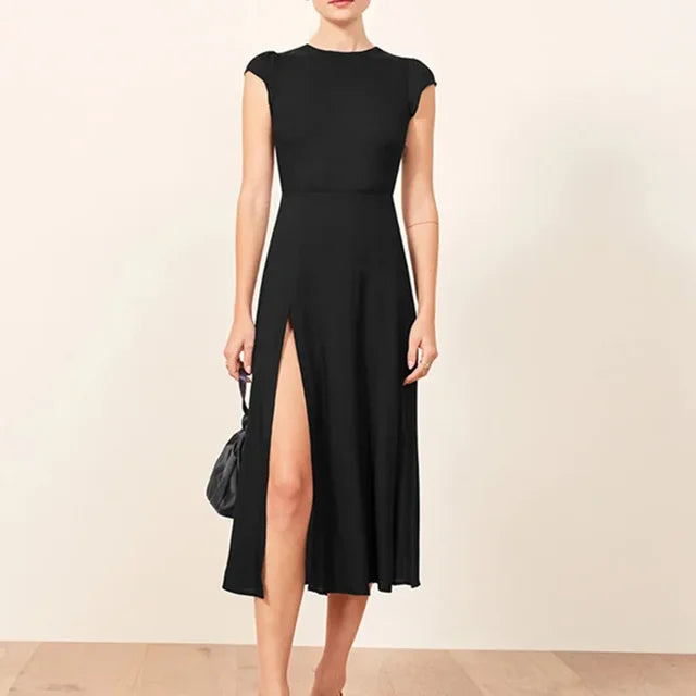 Women's Spring Midi Dress with Backless Detail, Round-Neck, and High Waist