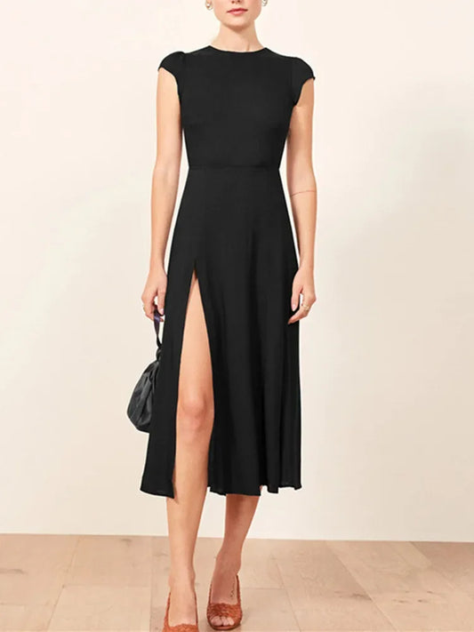 Women's Spring Midi Dress with Backless Detail, Round-Neck, and High Waist