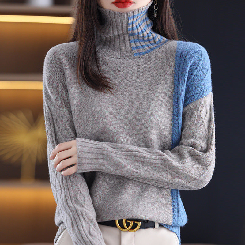 Women's Loose Contrast Color Turtleneck Sweater