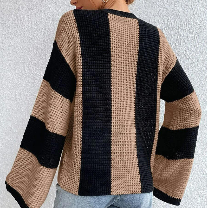 Women's Round Neck Striped Design Niche Knitted Sweater Top