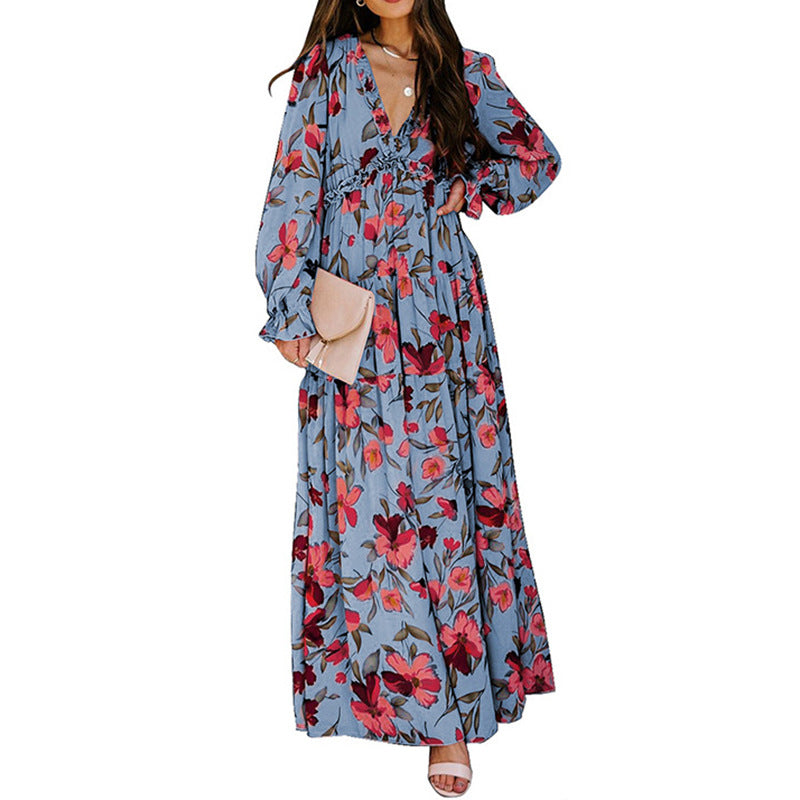 Printed Long Sleeve Dress Women's V-neck Loose