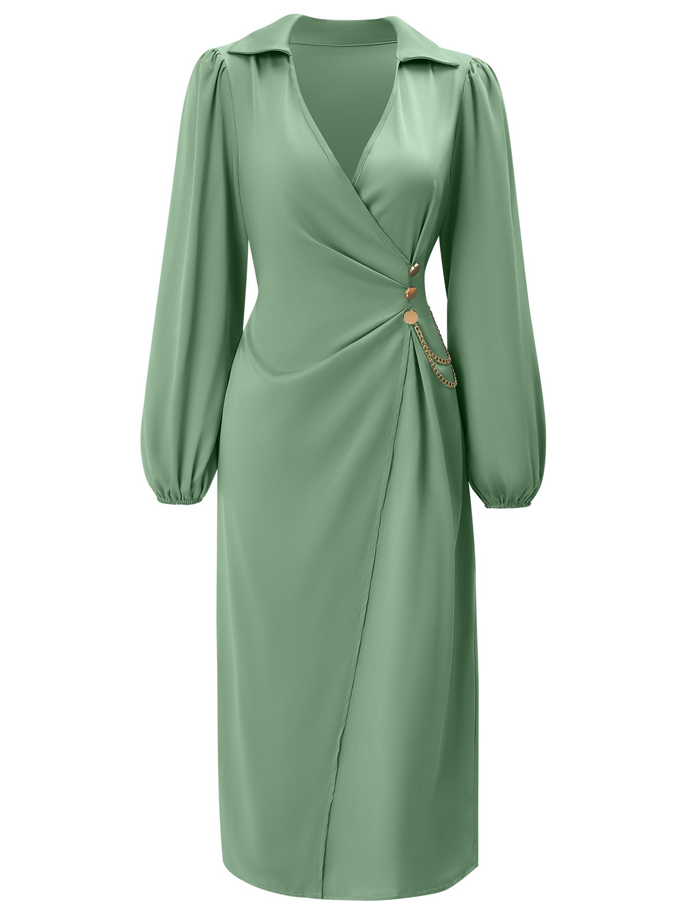 Leisure New V-neck Solid Color Tie Waist Long Sleeve Dress