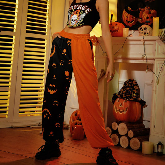 Halloween Casual Skinny Pants for Women with Patchwork Print