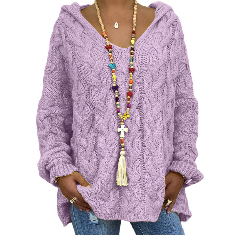 Women's Twist Knitted Hoodie Sweater Solid Color for a Cozy and Stylish Look