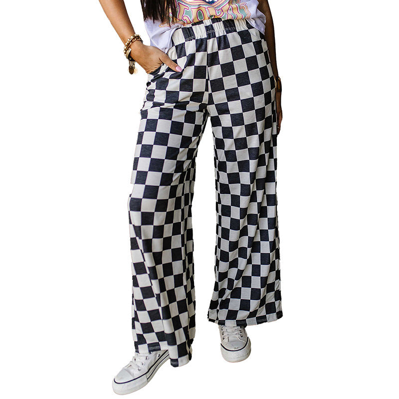 Spring New Casual All-Match Loose Wide-Leg Pants with Chessboard Plaid Print