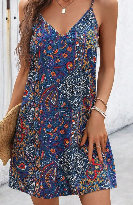 Bohemian Printed V-Neck Spaghetti Strap Backless A-Line Dress – Perfect for Music Festivals