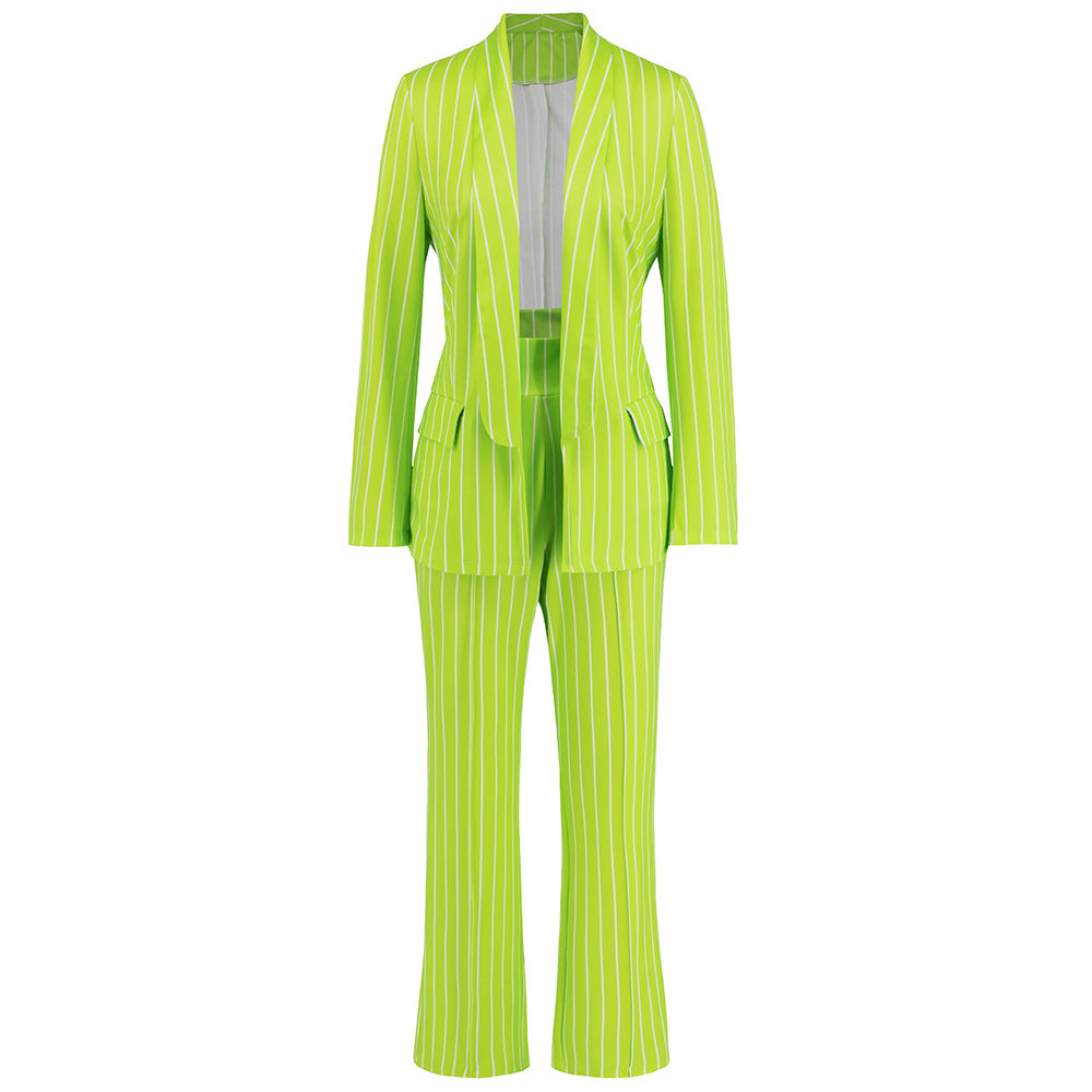 Casual Striped Blazer and Straight-Leg Wide-Leg Pants Suit for Women