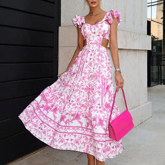 Summer Printed Hollow Length Dress with Padded Shoulders for Women