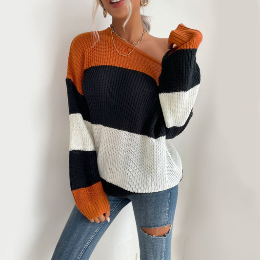 womens clothing striped contrast color knitwear round neck loose sweater