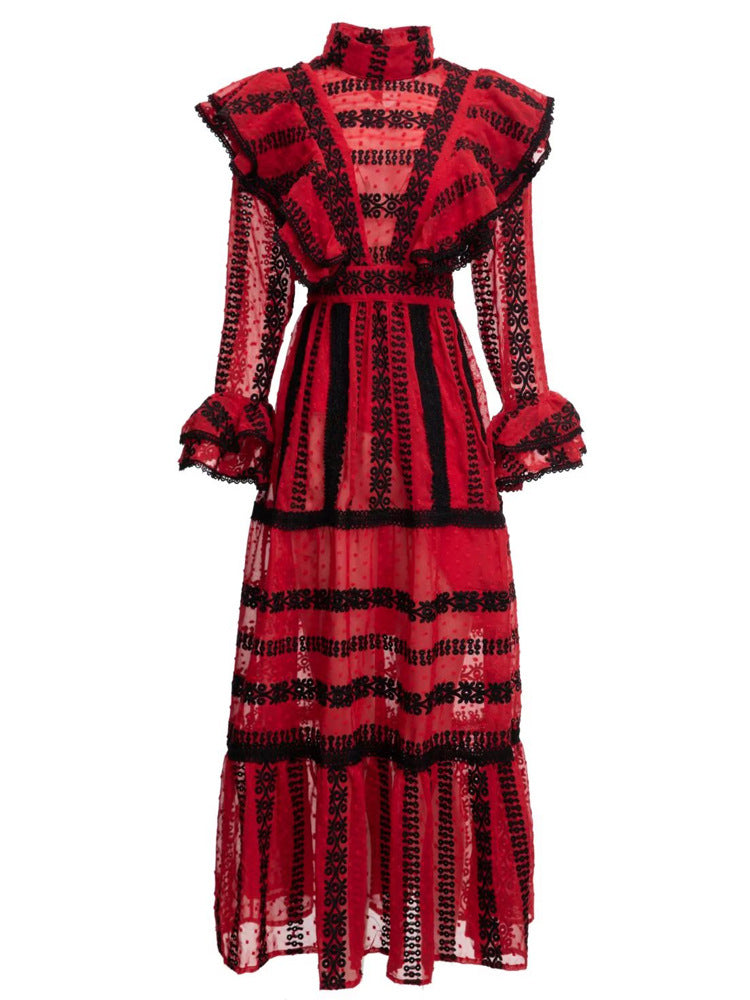 Retro Style Stand Collar Ruffle Stitching Machine Embroidery Red And Black Dress Dress