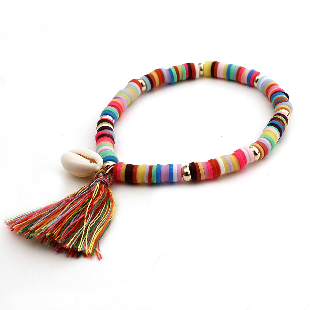 Bohemian Rainbow Ornament Colorful Polymer Clay Bracelet Shell Tassel Bracelet