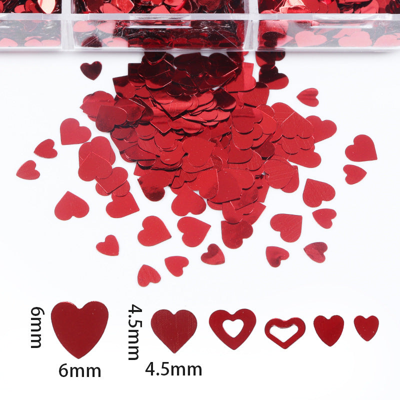Small 6-cell Box Valentine's Day Series Bright Red Love Cut-out Nail Sequins