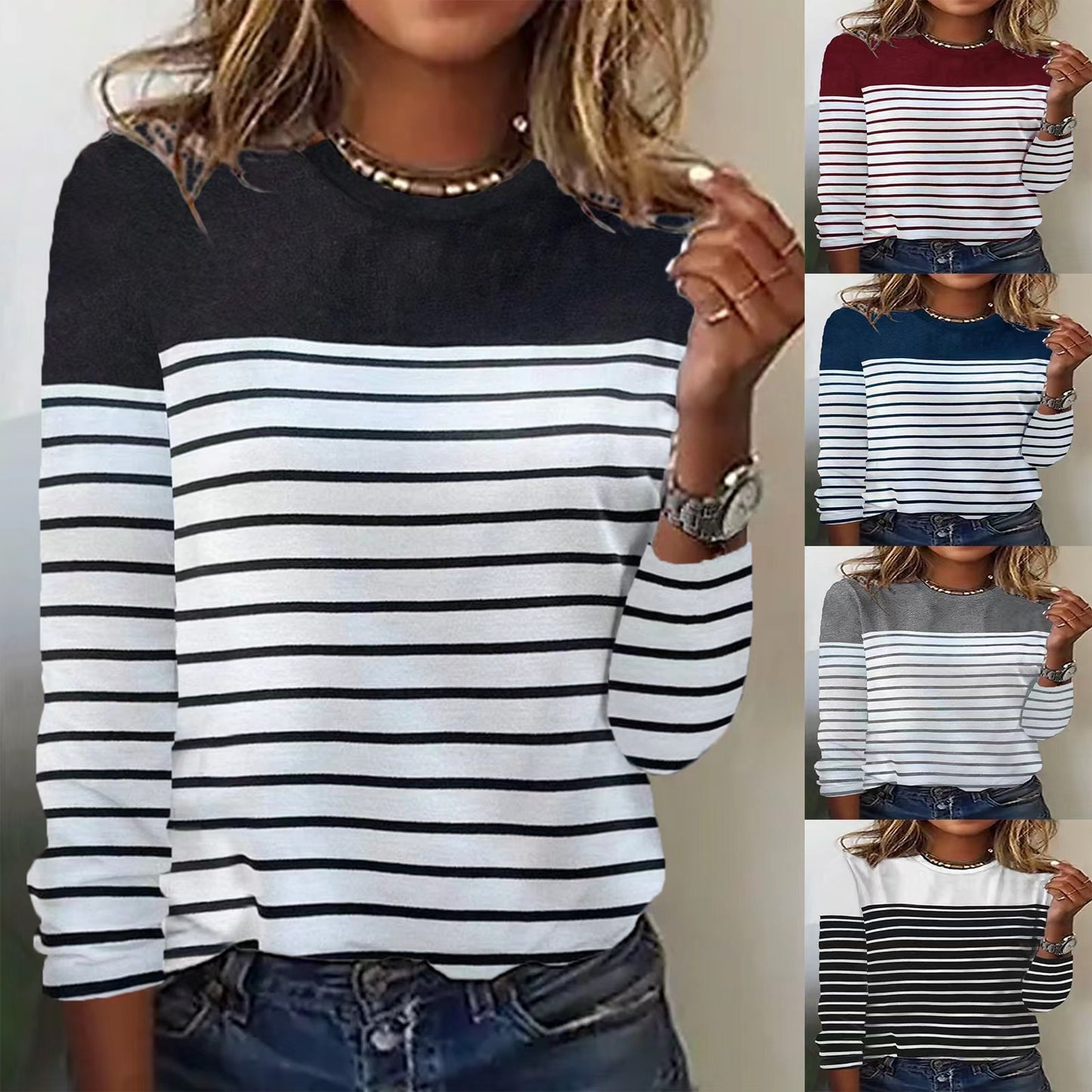 Long-Sleeve Striped Two-Tone Patchwork T-Shirt with Round Neck and Printed Design