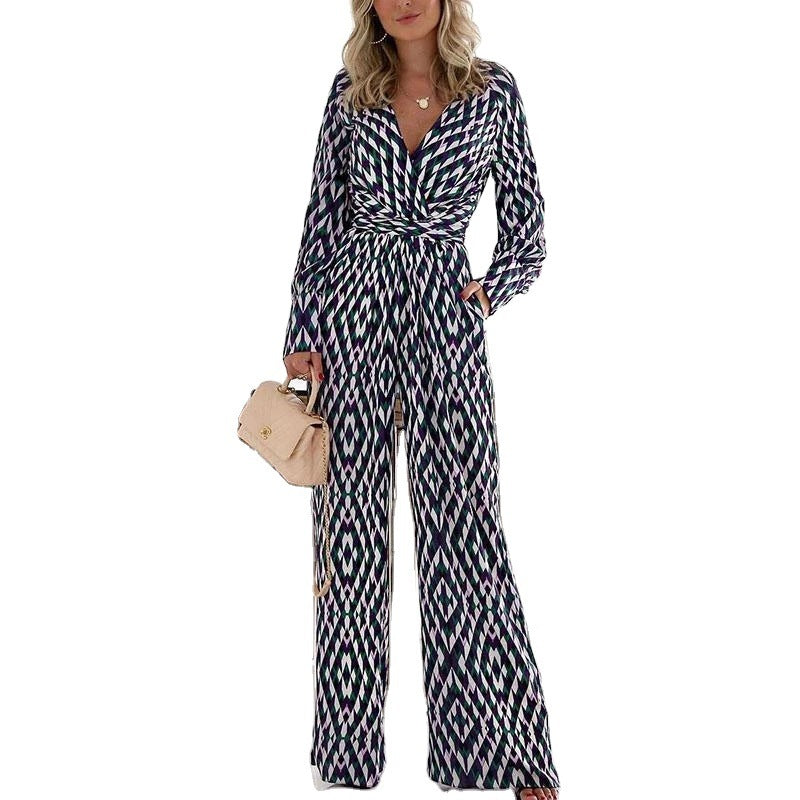 Women's Trendy Geometric Print Jumpsuit, V-Neck Slim-Fit with Long Sleeves and Trousers