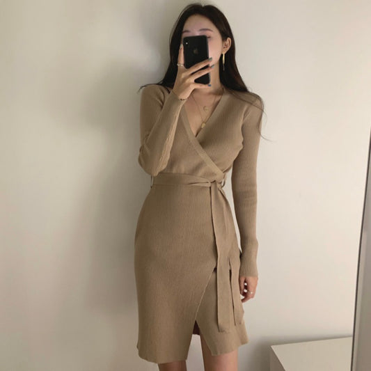 V-Neck Slit Knitted Dress Sweater with One-Step Skirt