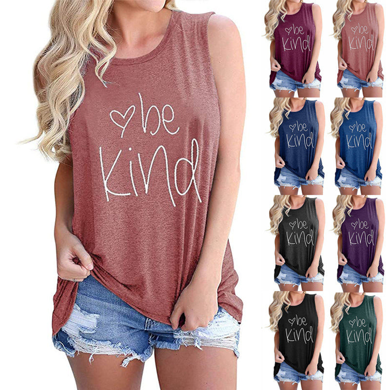 Letter Printed Round Neck Casual Sleeveless T-shirt