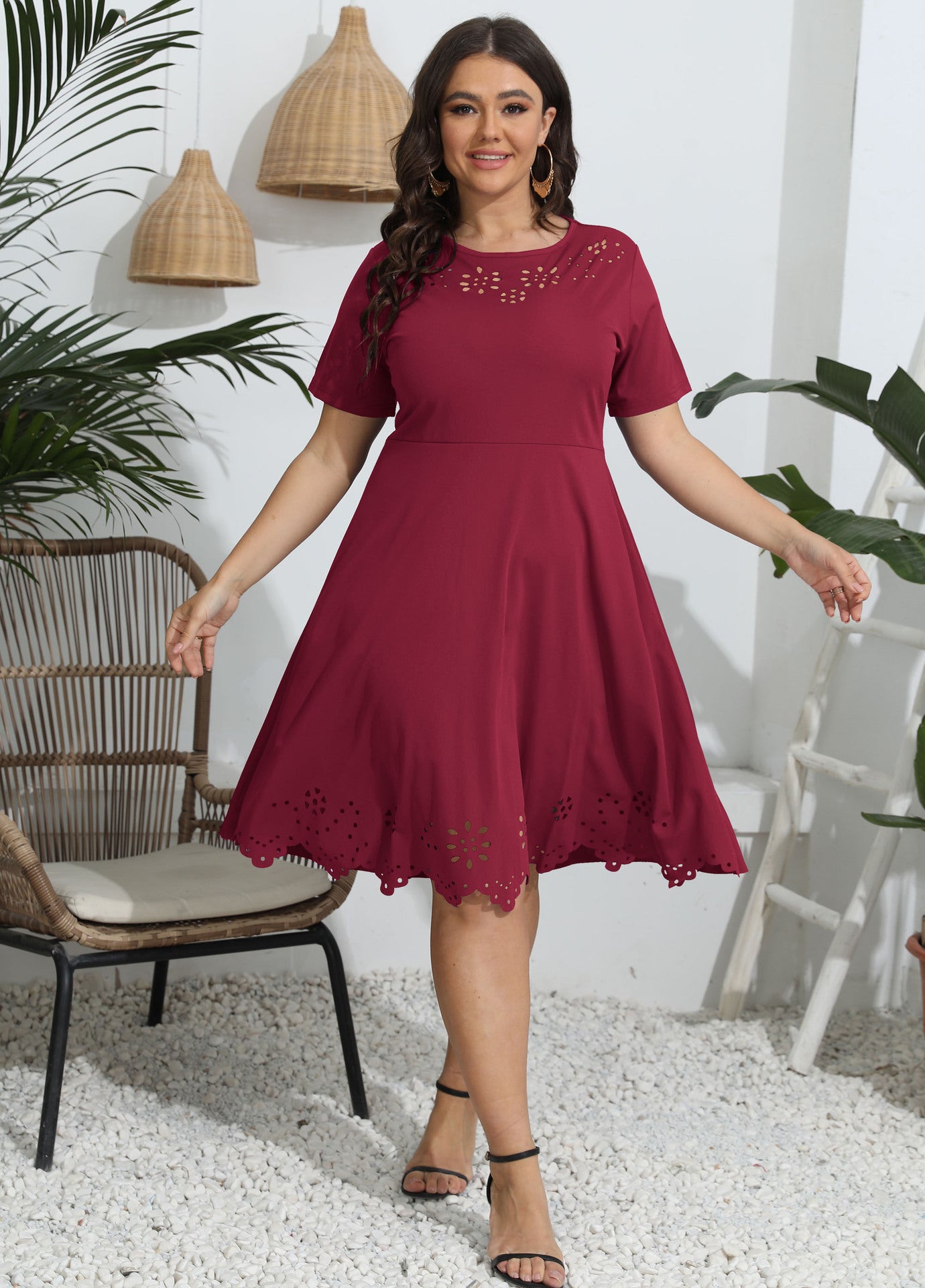 European And American Burnt Flower Hollow-out Cinched Short Sleeve Large Swing Solid Color Dress