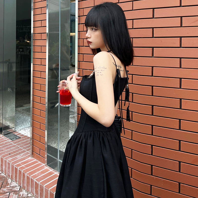 American Lace-up Bow Collar Solid Color Graceful Slip Dress Women