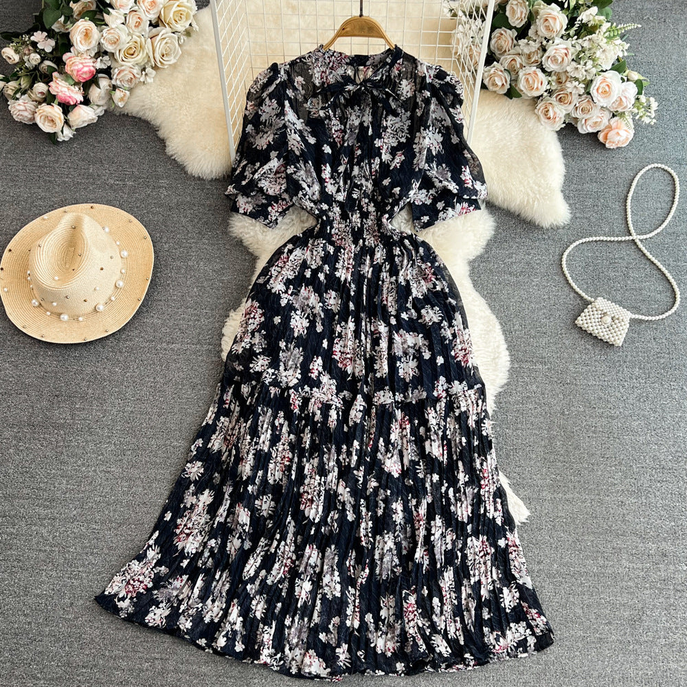 Bow Lace-up Waist A- Line Cake Floral Chiffon Dress