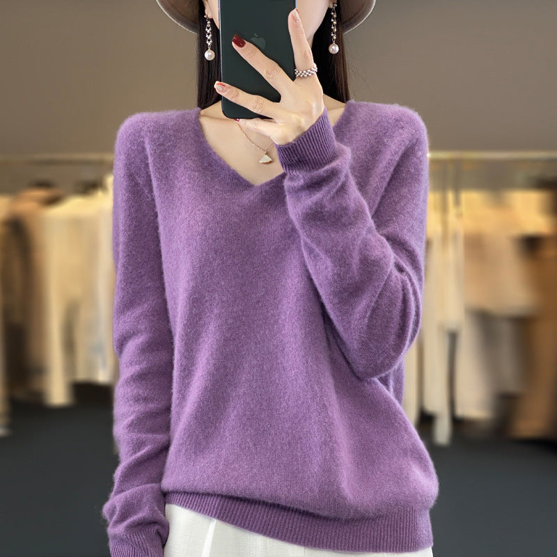 Women's V-Neck Wool Sweater - Solid Color Loose-Fitting Versatile Top for Autumn and Winter