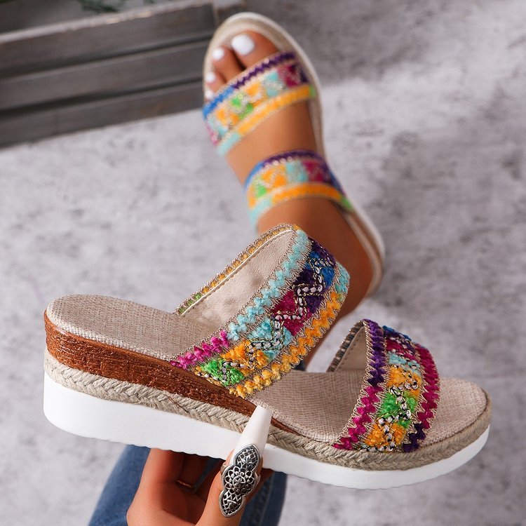 Ethnic Style Woven Sandals: Casual Summer Linen Bottom Slippers with Wide Strap Wedges for Women