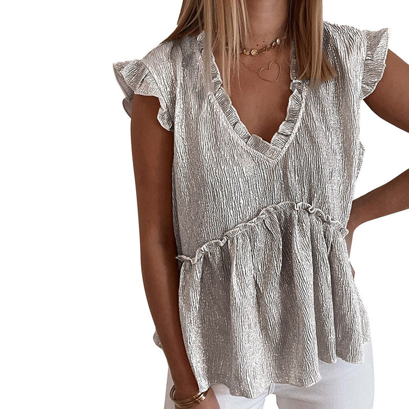 Personalized Metal Pleated Ruffled Short Sleeve Loose Top for Women