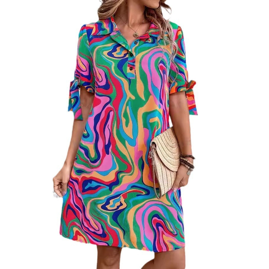 Casual Fluid Print Shirt Dress with Half Sleeves and Bow Detail