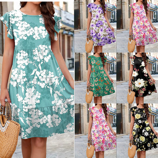 Summer Ruffle Sleeve Flower Print Dress for Women