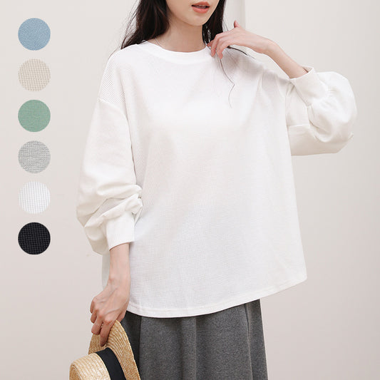 Autumn Waffle Women's Round Neck Solid Color T-Shirt