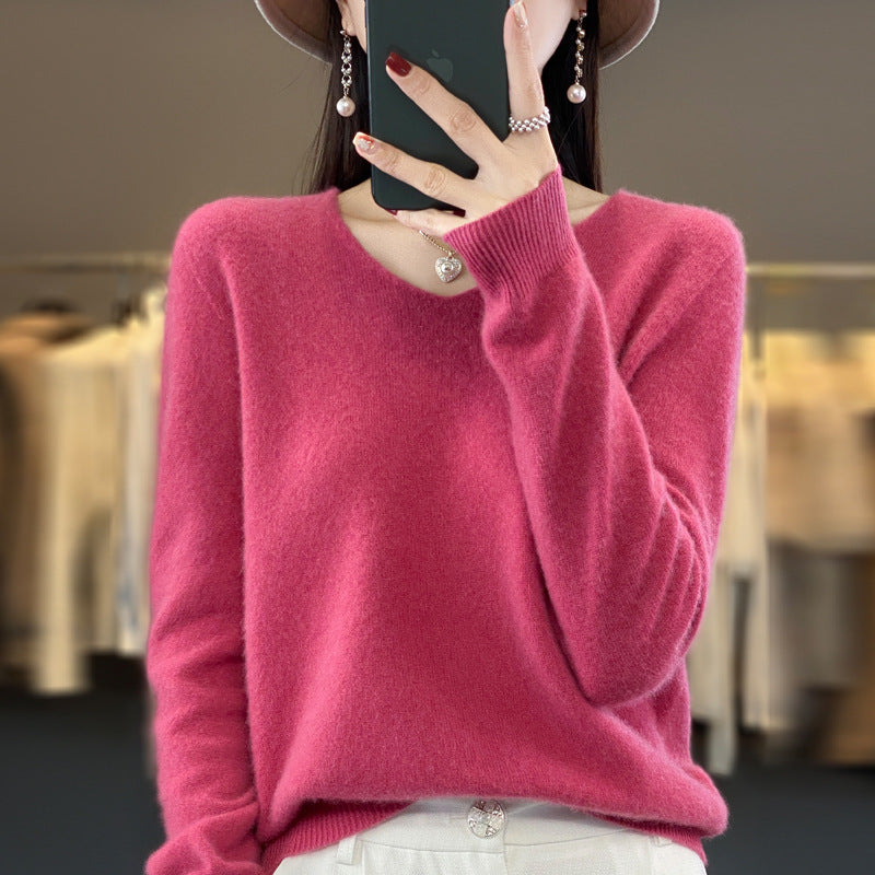 Women's V-Neck Wool Sweater - Solid Color Loose-Fitting Versatile Top for Autumn and Winter