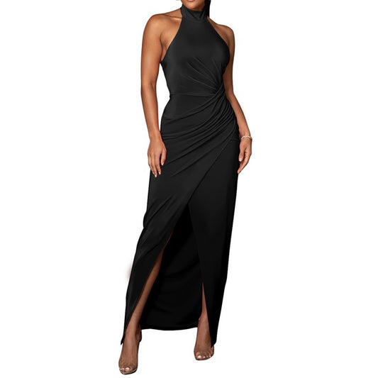 Halter Slit Formal Dress Long Dress Pleated Sleeveless