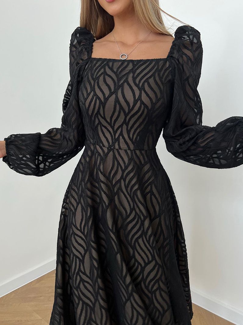 Chic High Waist Long Sleeve Dress with Hollow-out Micro-Transparent Jacquard for Women