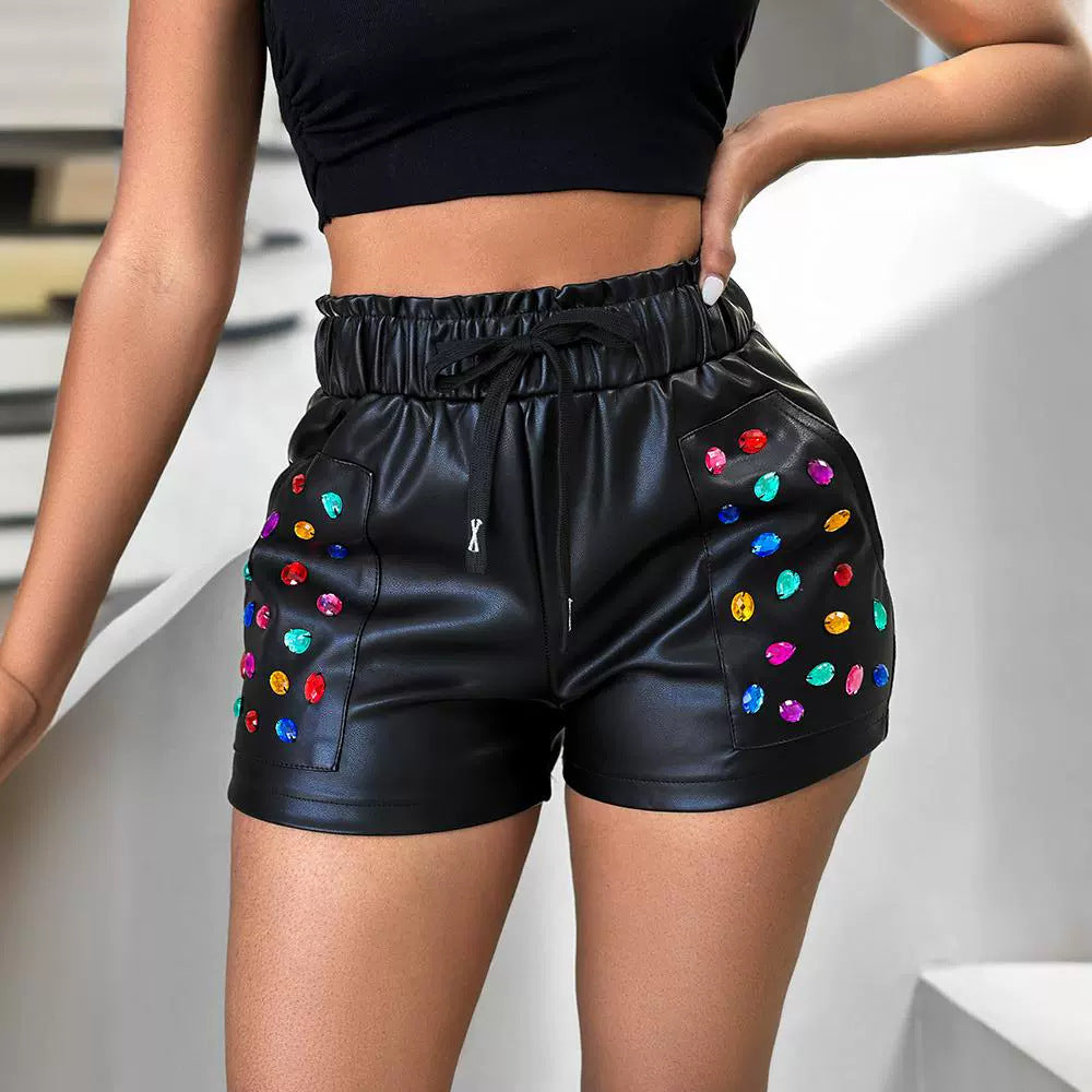 Colorful Rhinestone PU Shorts for Women