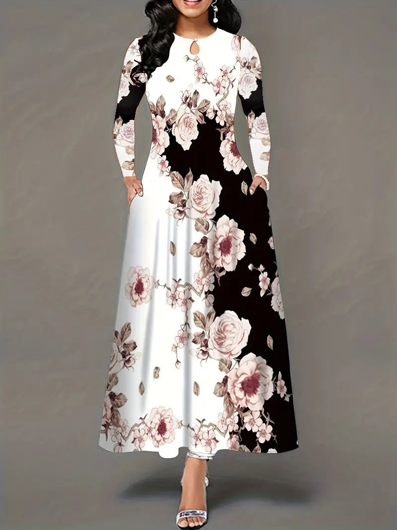 Round Neck Long Sleeve Dress with Printed Pocket and Waist-Controlled Large Hem