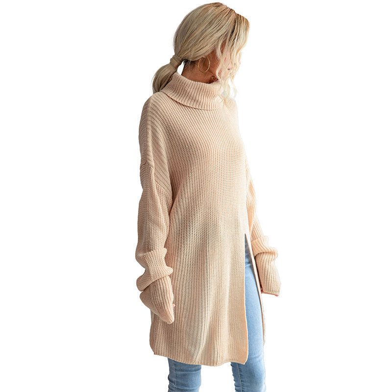 High Collar Sweater Dress in Pure Color with Split Long Sleeves: European