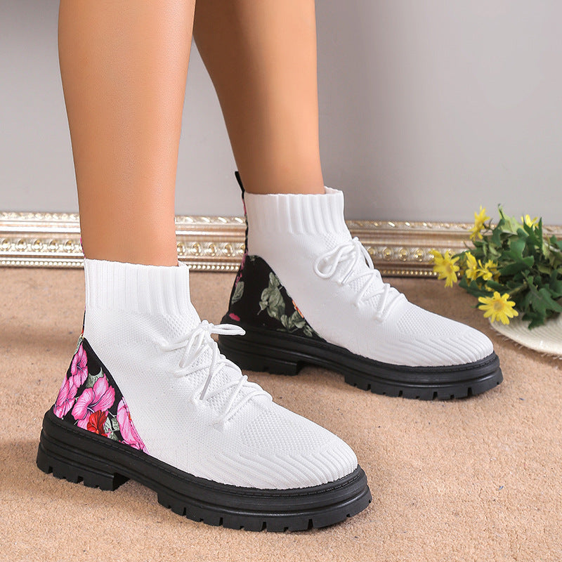 Stylish in Autumn and Winter with Flowers Print Knitted Mesh High