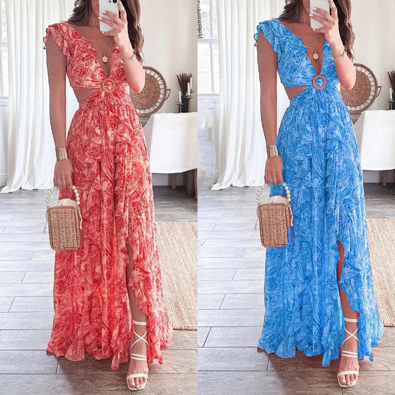 Printed Deep V Midriff Outfit Long Pleated Dress