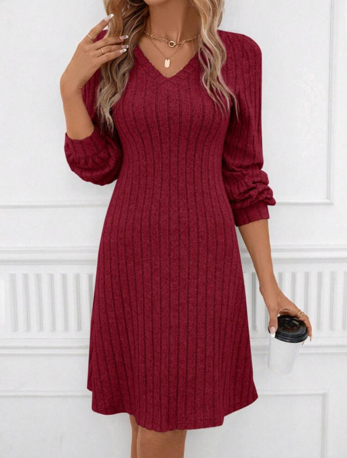 Women's V-neck Long-sleeved Knitted Sunken Stripe Loose Dress