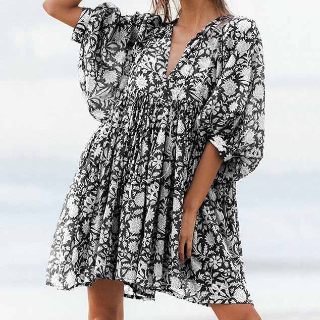 Retro Loose Tied Printed Dress with a Personalized Touch for Women