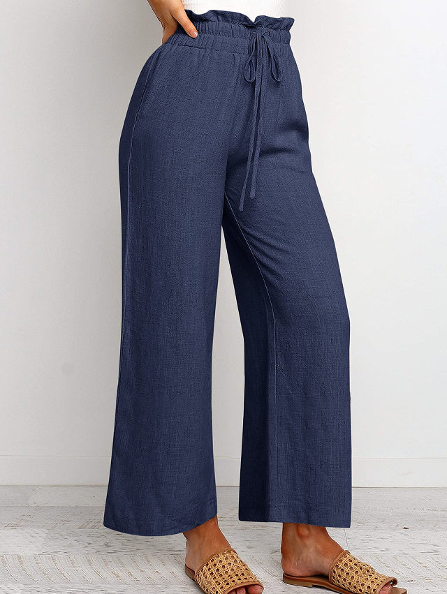 Solid Color Cropped Pants with Elastic Waistband and Lace-Up Wide Legs