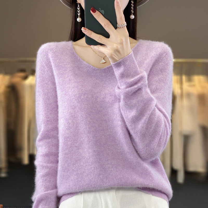 Women's V-Neck Wool Sweater - Solid Color Loose-Fitting Versatile Top for Autumn and Winter