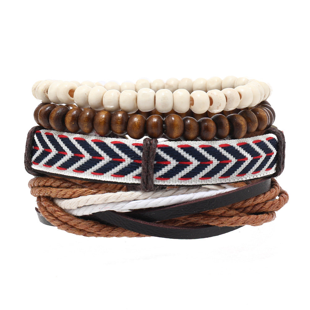 Retro Men's Wooden Bead Leather Rope Woven Beads Bracelet