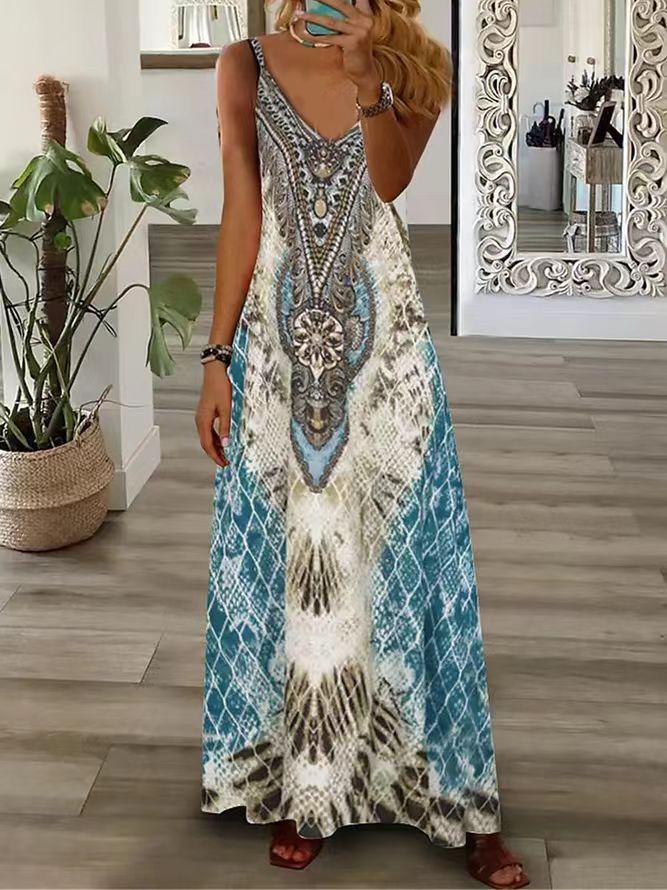 Slim Feather Positioning Printing Slip Dress